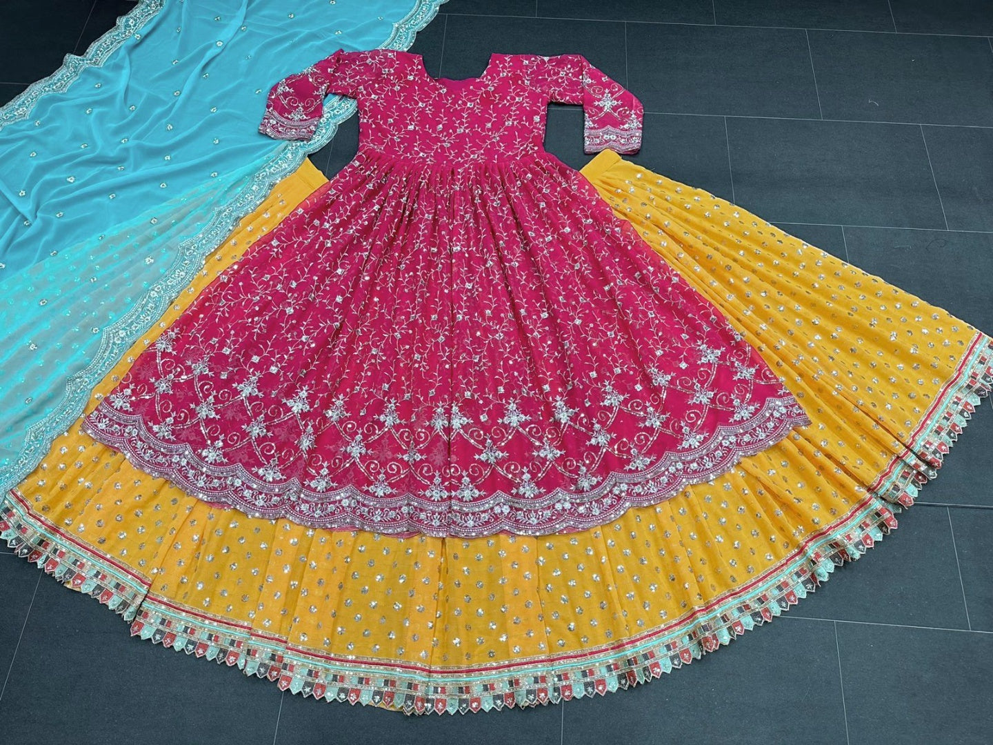 Pink and yellow thread sequence work lehenga suit for ceremony