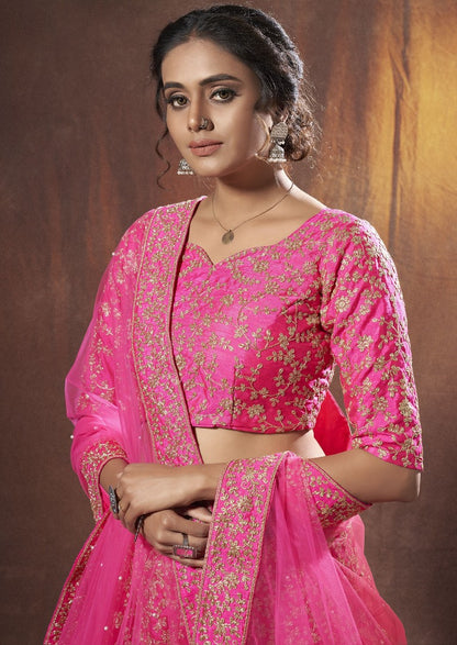 Pink art silk dori work ceremonial lehenga choli