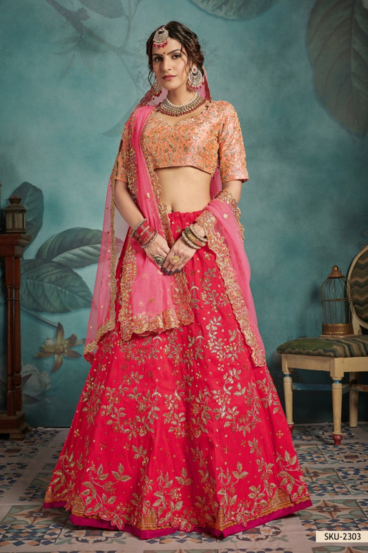 Pink art silk embroidered wedding lehenga choli