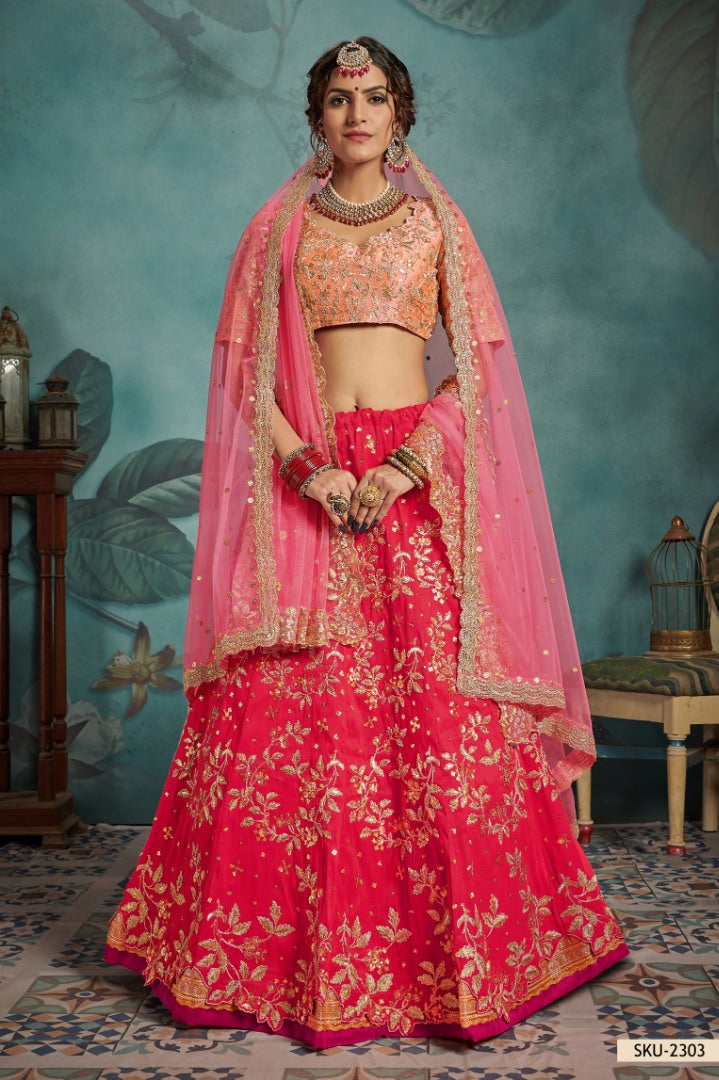 Pink art silk embroidered wedding lehenga choli