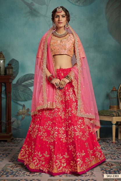 Pink art silk embroidered wedding lehenga choli