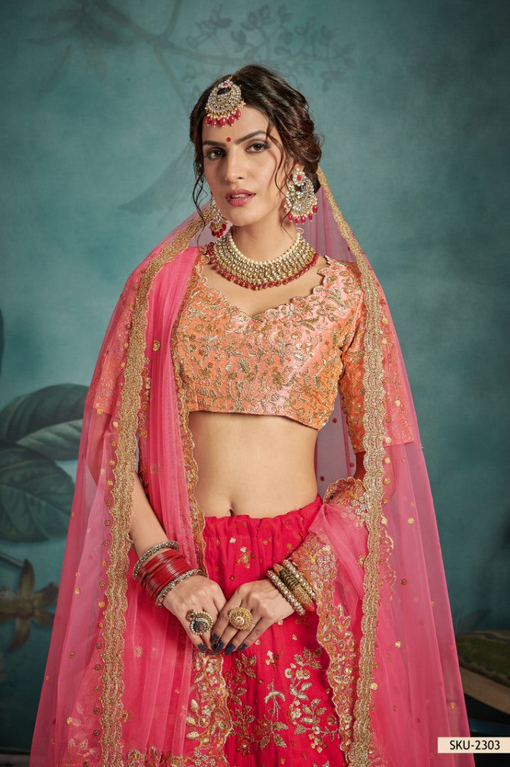 Pink art silk embroidered wedding lehenga choli