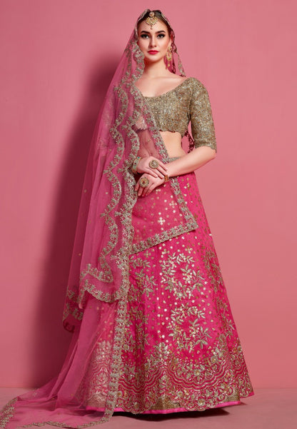 Pink art silk embroidered work bridal lehenga choli