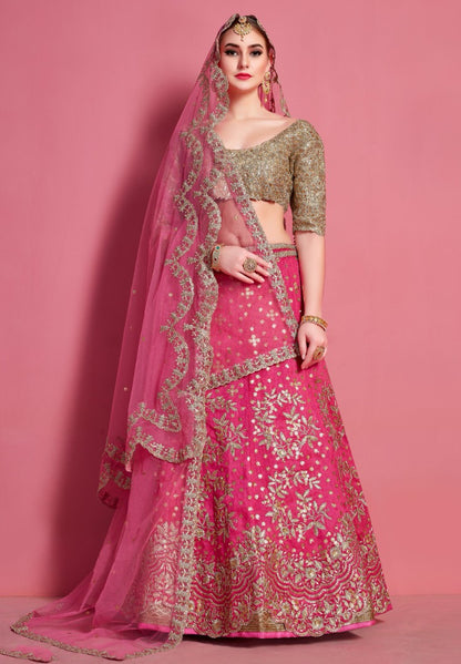 Pink art silk embroidered work bridal lehenga choli