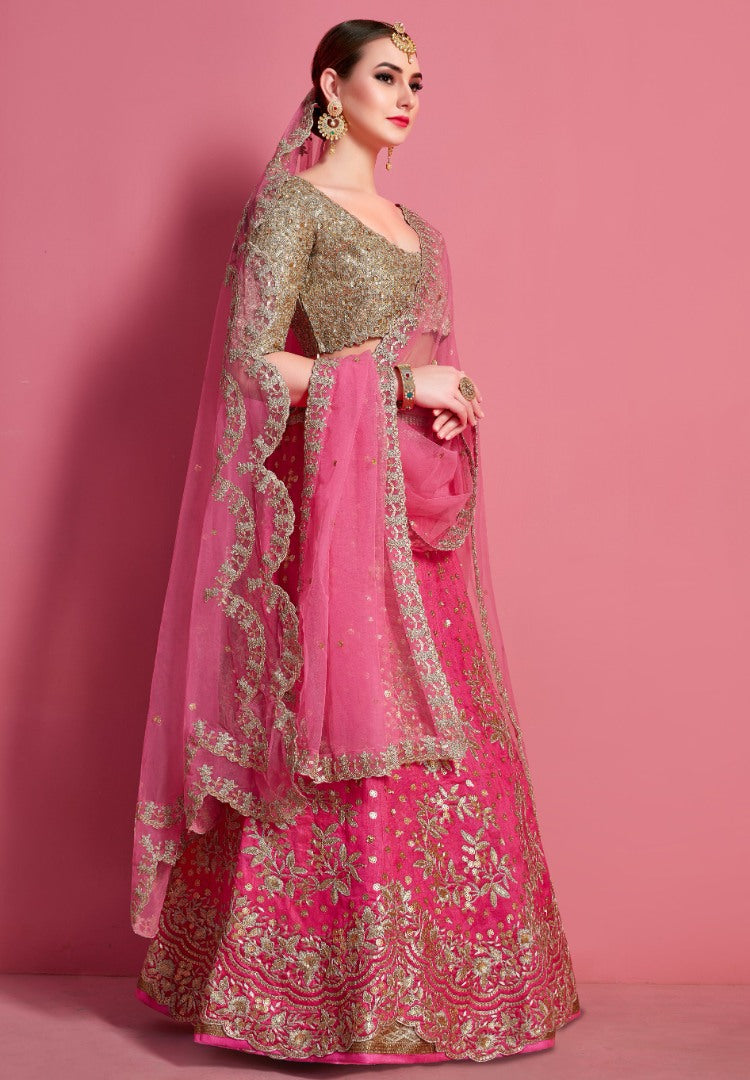 Pink art silk embroidered work bridal lehenga choli