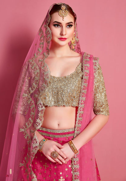 Pink art silk embroidered work bridal lehenga choli