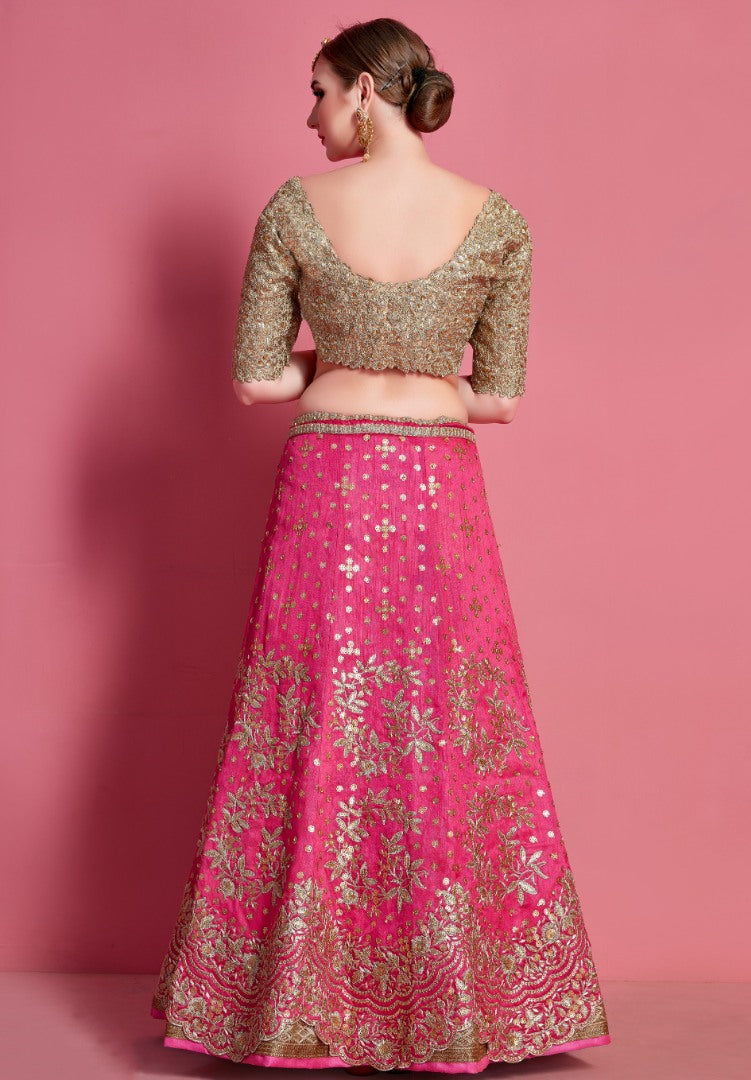 Pink art silk embroidered work bridal lehenga choli