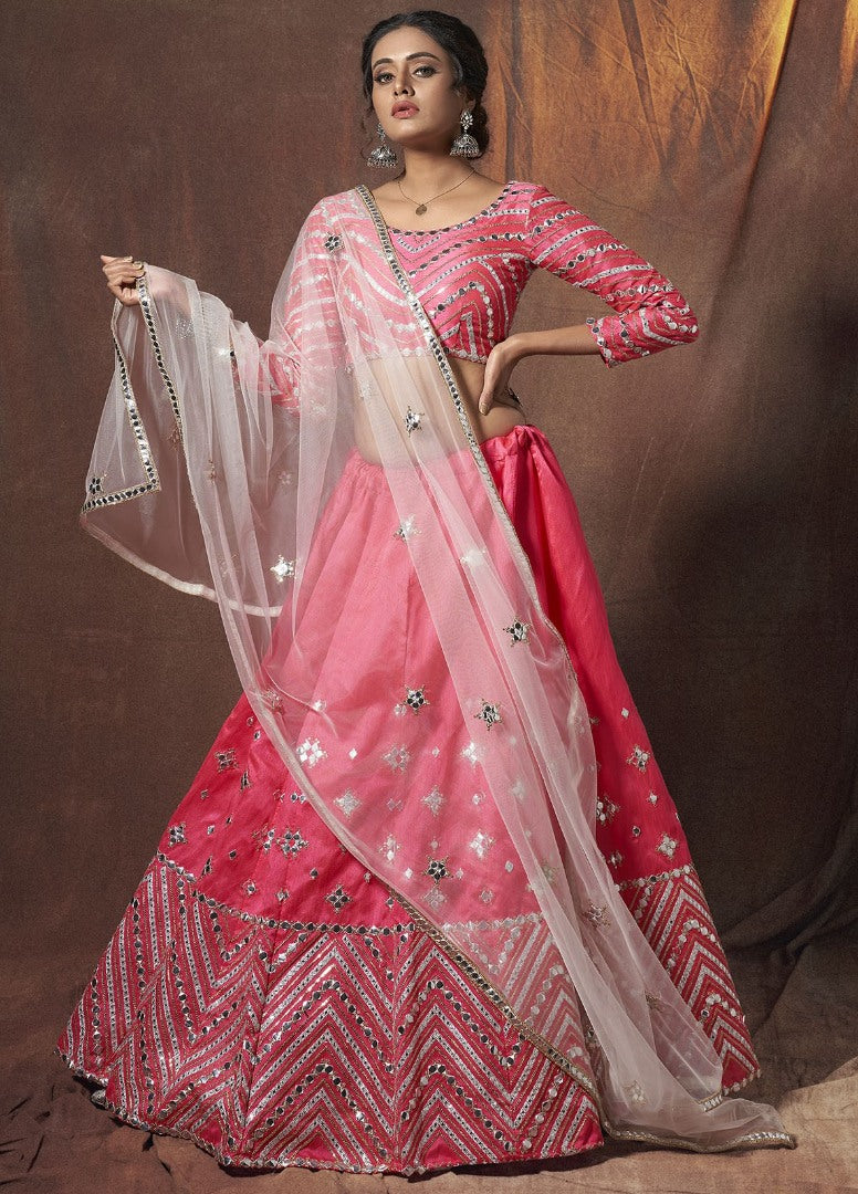 Pink art silk soft net zari work ceremonial lehenga choli