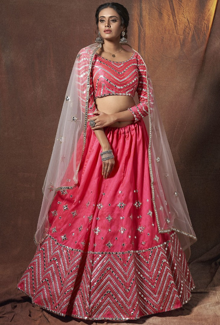 Pink art silk soft net zari work ceremonial lehenga choli