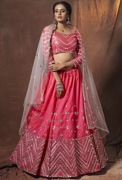 Pink art silk soft net zari work ceremonial lehenga choli