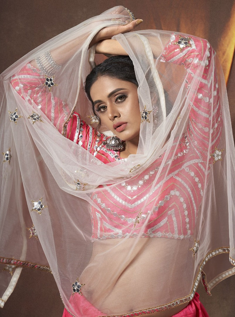 Pink art silk soft net zari work ceremonial lehenga choli
