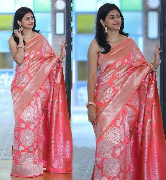 Pink banarasi silk saree with heavy weaving pallu