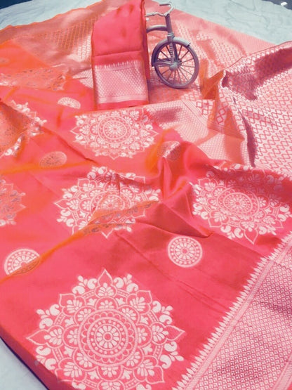 Pink banarasi silk saree with heavy weaving pallu