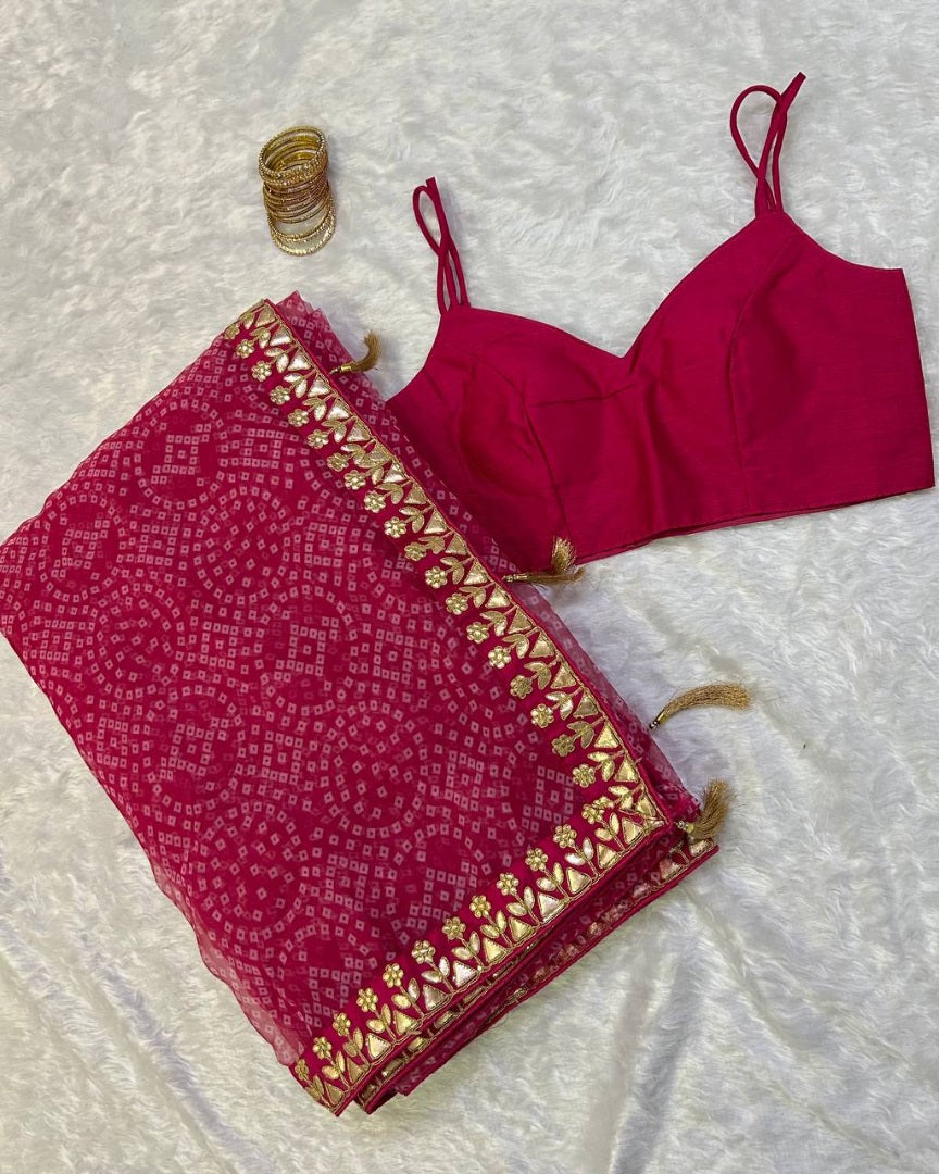 Pink bandhni print organza saree