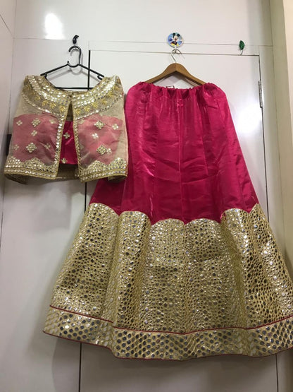 pink banglori satin foil mirror work ceremonial lehenga choli
