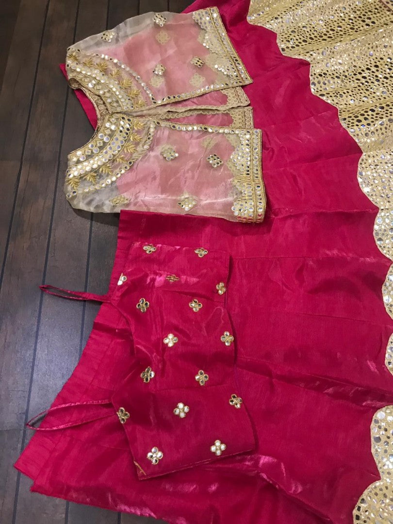 pink banglori satin foil mirror work ceremonial lehenga choli