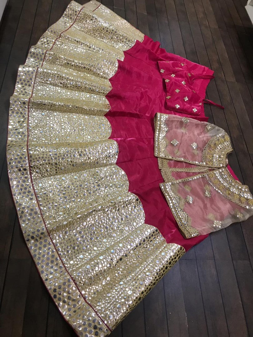 pink banglori satin foil mirror work ceremonial lehenga choli