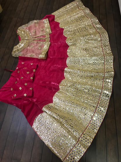 pink banglori satin foil mirror work ceremonial lehenga choli