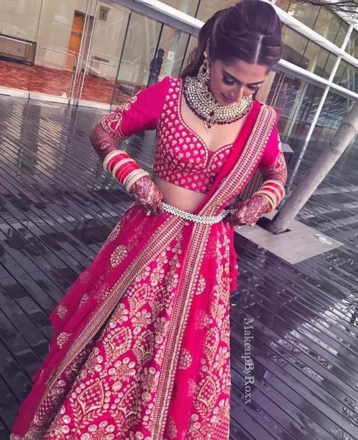 Pink banglory satin heavy designer embroidered wedding lehenga choli