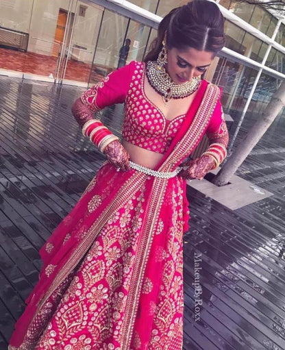 Pink banglory satin heavy designer embroidered wedding lehenga choli