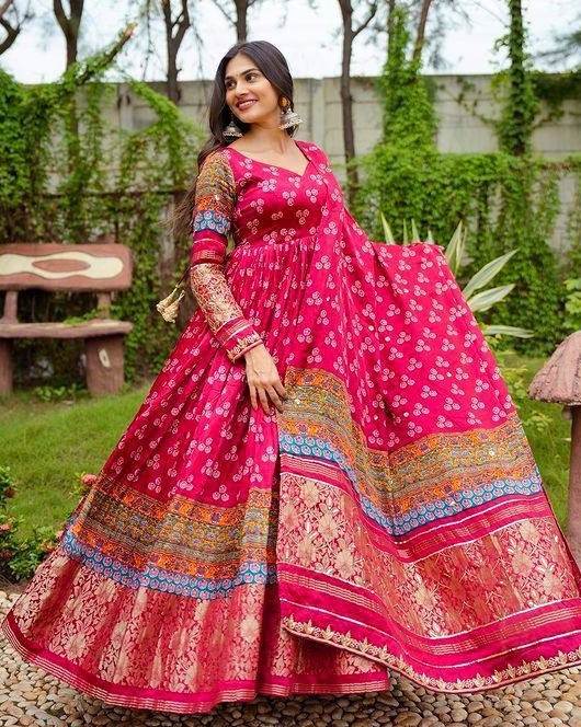 Pink butter silk digital printed gown