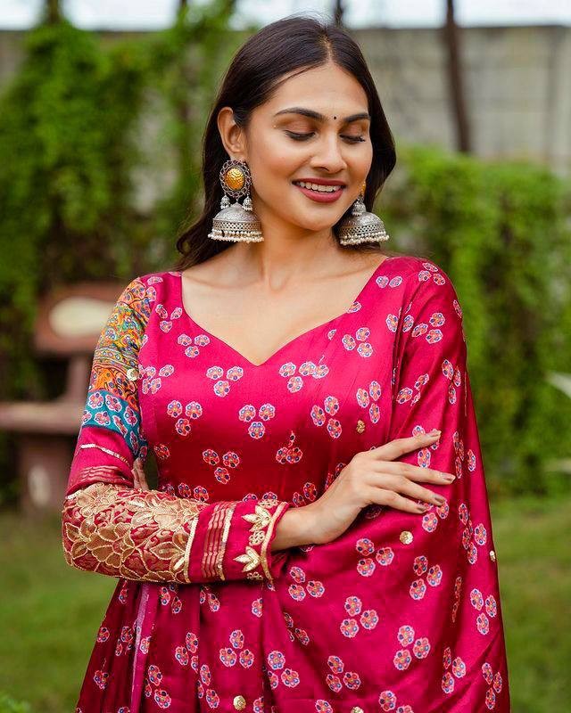 Pink butter silk digital printed gown