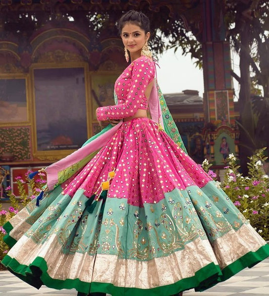 Pink butter silk print and real mirror worked lehenga choli for function