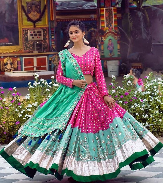 Pink butter silk print and real mirror worked lehenga choli for function