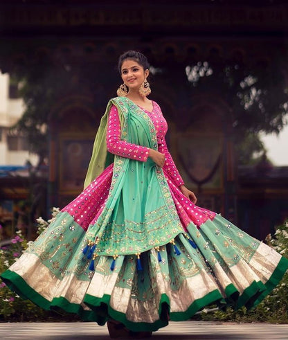 Pink butter silk print and real mirror worked lehenga choli for function