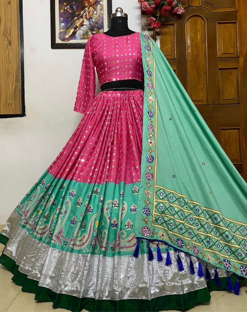 Pink butter silk print and real mirror worked lehenga choli for function