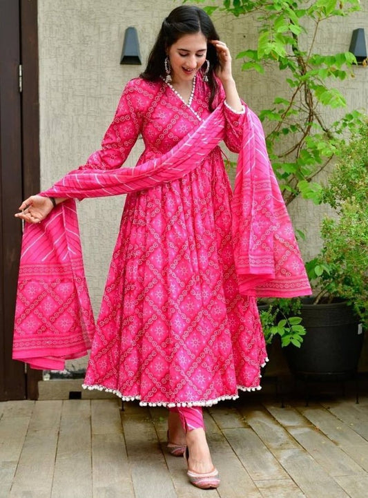 Pink butter silk printed anarkali suit