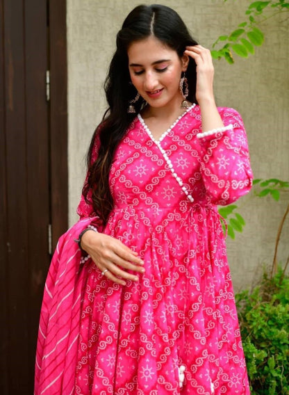 Pink butter silk printed anarkali suit