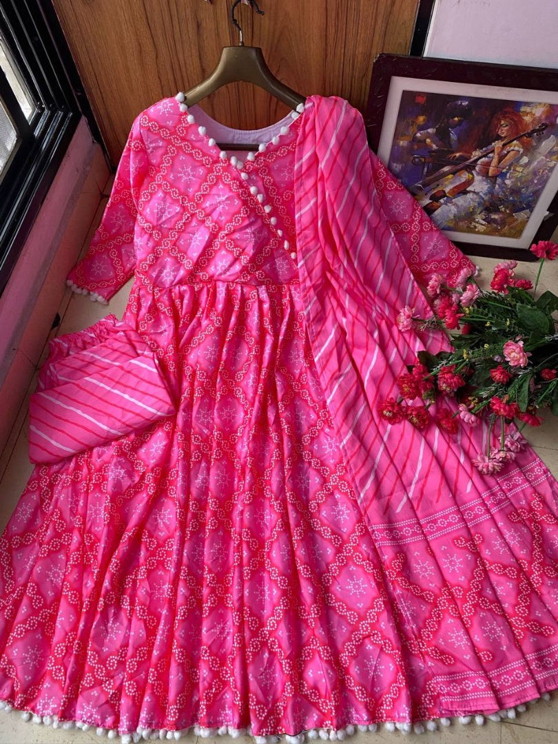 Pink butter silk printed anarkali suit
