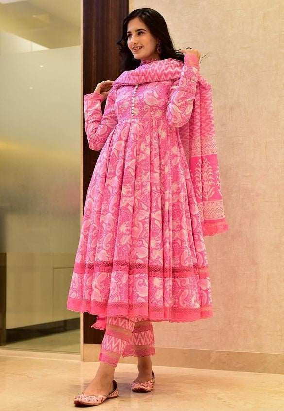 Pink butter silk printed short anarkali suit