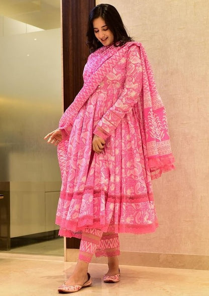 Pink butter silk printed short anarkali suit