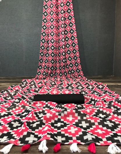 Pink chanderi linen digital printed cotton tussles work saree