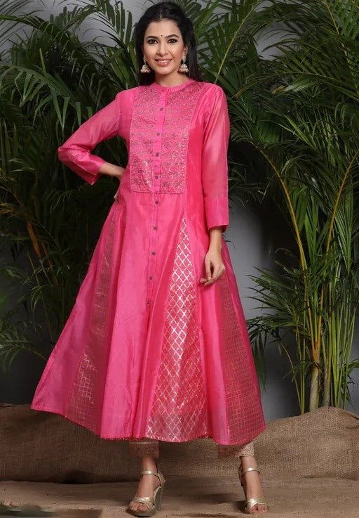 Pink chanderi silk embroidered anarkali kurti