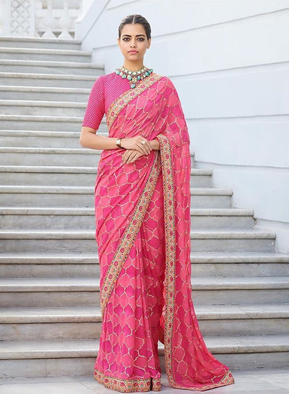 Pink chinon silk digital printed designer saree