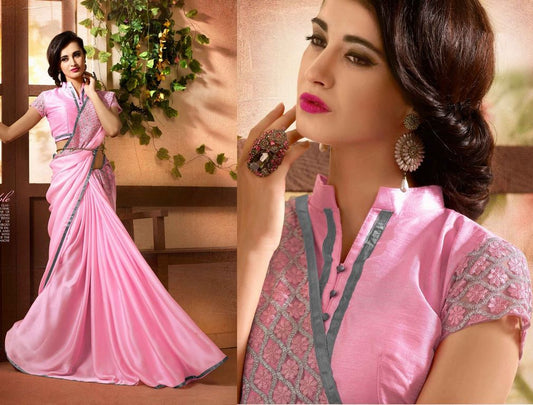 Pink Colored Chinon Embroidered & Lace Bordered Saree Bordered
