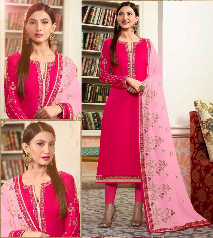 Pink Colored Georgette & Satin Digital Zari & Resham Embroidered Semi Stitched Salwar Suit