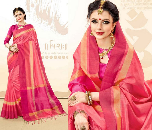 Pink Colored Khadi Cotton Silk Weaving Work Saree