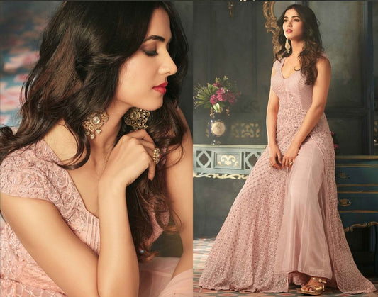Pink Colored Net Heavy Embroidered Semi Stitched Gown Style anarkali Suit