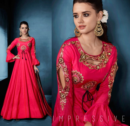 Pink Colored Soft tapeta Silk Zari & Resham Embroidery with Stone and Moti Work Semi Stitched gown