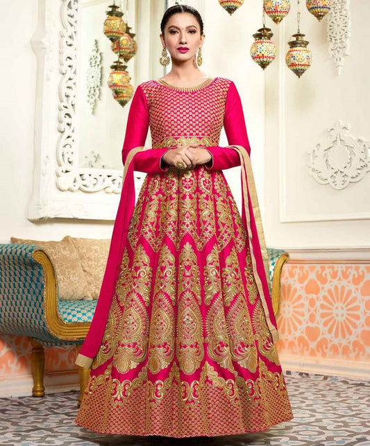 Pink Colored Two Tone Silk Digital Zari Embroidery and Moti Work Semi Stitched Gown