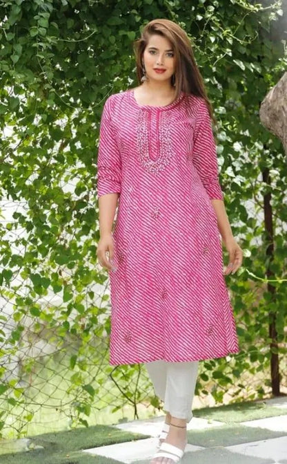 Pink cotton lehariya printed straight kurti