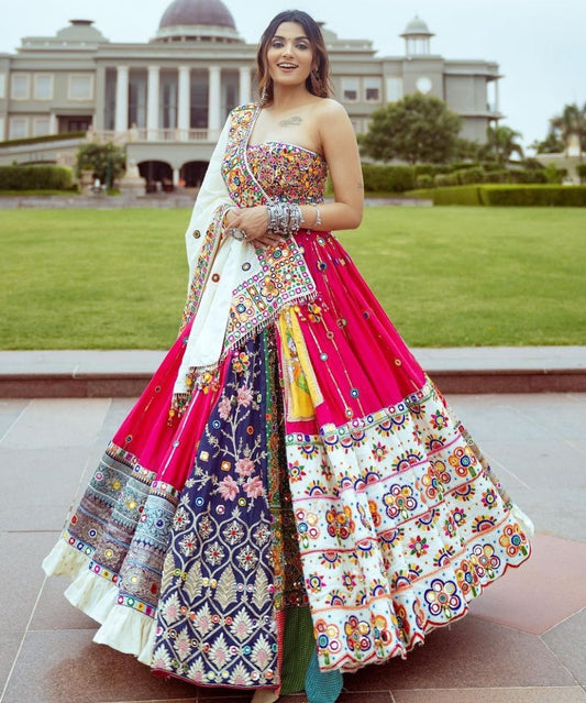 Pink cotton mirror work gujarati garba ghagra navratri lehenga chaniya choli