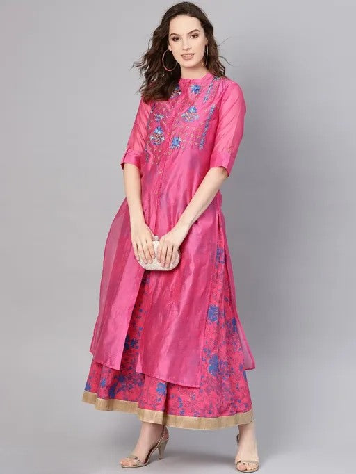Pink crepe print and embroidered two piece kurti