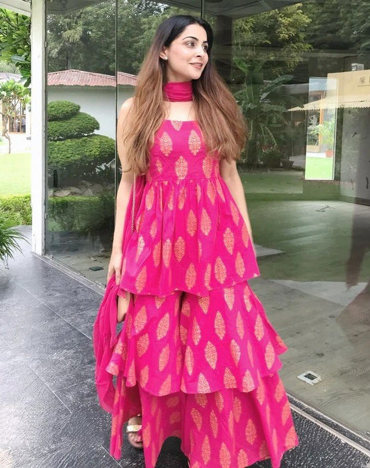 Pink crepe silk digital printed fancy plazzo suit