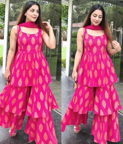 Pink crepe silk digital printed fancy plazzo suit