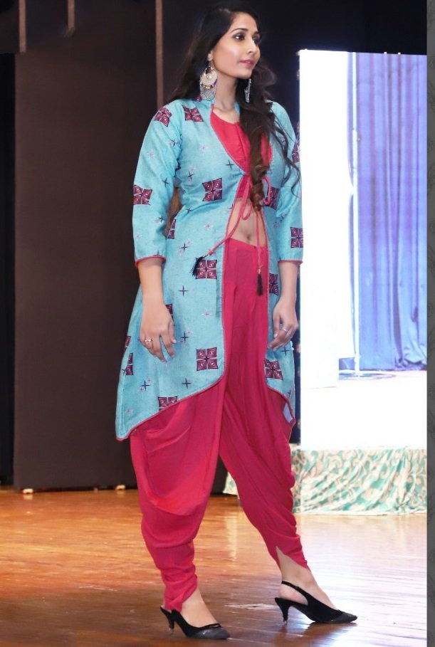 pink dhoti suit with sky blue printed koti